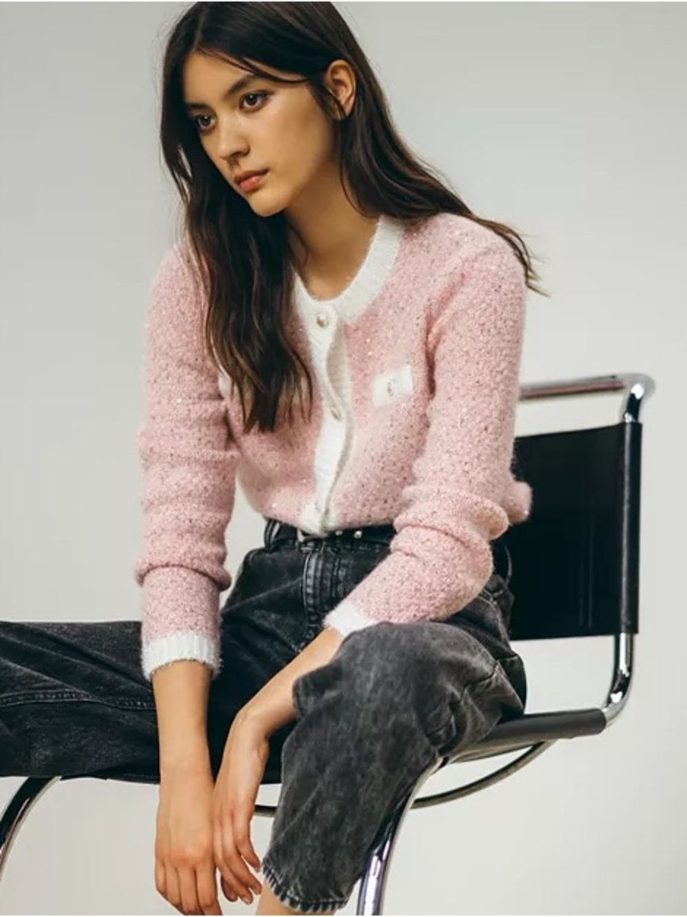 Maje Pink Bouclé Knit Cardigan with White Trim